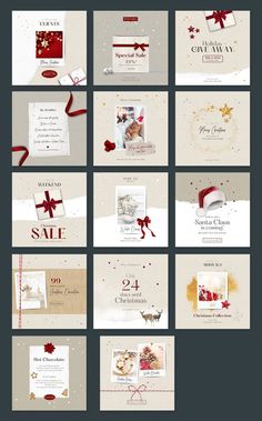 a set of six christmas cards with red bows and ribbons on them, all in different colors