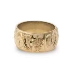 This gorgeous, Traditional Hawaiian Ring features a Royal Monarch design on a 10mm wide, 14K yellow gold band. The perfect example of Hawaiian Heirloom jewelry! Heirloom Thick Band Gift Bands, Heirloom Thick Band Gift, Heirloom Style Wide Band Dome Ring As Gift, Heirloom Style Wide Band Dome Ring, Engraved Wide Band Heirloom Jewelry, Heirloom Wide Band Engraved Jewelry, Engraved Wide Band Promise Ring, Hawaiian Wedding Rings, Hawaiian Heirloom Jewelry