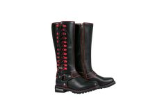 Women's Long Laced and Zipper Side Biker Boots Red Trim Elevate your style with these Women's Long Laced and Zipper Side Biker Boots accented with bold red trim. Designed for comfort and durability, these boots feature both a lace-up and zipper closure for a snug fit. Perfect for any biker or fashion enthusiast looking to make a statement. Red Leather Boots With Zipper Closure, Edgy Red Leather Boots, Motorcycle Chaps, Leather Motorcycle Gloves, Alligator Boots, Leather Store, Motorcycle Vest, Biker Shirts, Fashion Enthusiast