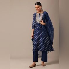 Beautiful Indian Kurta Set. Completely New. Still With Tag. Effortlessly Transition From Day-To-Night In This Exquisite Suit Set, Decked On A Striking Blue-Tone Base. Color: Blue Fabric: Chanderi Neck Line: Round Sleeves: 3/4th Sleeve Pack Contains: 1 Kurti, 1 Pant, 1 Dupatta Indian Designer Suits, Indian Kurta, Indian Wedding Outfits, Kurta Set, Suit Set, Indian Design, Blue Tones, Designer Suits, Blue Fabric