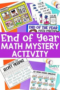 the end of year math mystery activity is shown with pictures and text that reads end of year