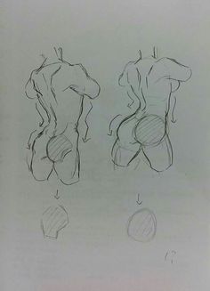 three different views of the same person's back and torso, with one being drawn in