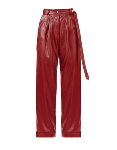 Bassline – Red Vegan Leather Straight-Leg PantsThese red vegan leather straight-leg pants bring together the composure and feel of designer tailoring for a remarkably comfortable fit. Featuring golden buttons, loose hanging belt tie, and a subtle pleated pant aesthetic, the pants are an excellent option for elevating any fashionable ensemble. The Mid-weight fabric is perfect for interseason wear in either cool or warm climates. Artisanaly crafted, they are durable and made to last.Details: Top B