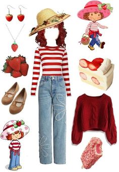 a doll is dressed up as a girl with strawberrys on her head and other items