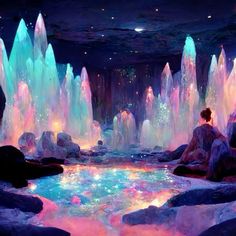 a woman sitting on rocks in front of a waterfall filled with colorful lights and water