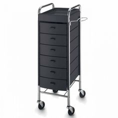 a black cart with five drawers on wheels