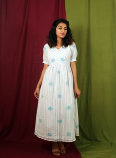 "White-green block printed cotton maxi dress, Button down dress, Custom made, Made to order, Plus size This light-weight sundress is perfect for you leisure time. It has beautiful vine block print. -Model height: 5'3\" wearing size S -Length: 48\" -Fit: Comfortable -100% Cotton Hand block printing is one of the oldest techniques used in India." Green Cotton Maxi Dress, White Anarkali Cotton Dress, Cotton Block Print Maxi Dress With V-neck, White Cotton Anarkali Dress, Green Maxi Dress With Printed Motifs, White Block Print Maxi Dress, Summer Cotton Maxi Dress With Printed Motifs, Summer White Maxi Dress With Printed Motifs, White Anarkali Cotton Maxi Dress