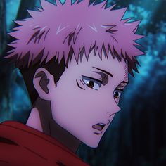 an anime character with pink hair looking to his left in front of trees and bushes