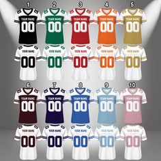 an image of soccer uniforms for the team in different colors and sizes, all with numbers on them