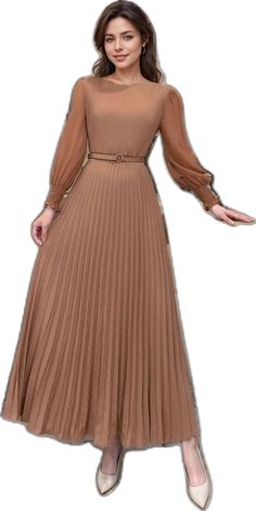 Non-stretch Pleated Dress For Fall, Fall Pleated Non-stretch Dress, Non-stretch Brown Dress, Non-stretch Solid Brown Dress, Fitted Brown Chiffon Dress, Brown Fitted Pleated Dress, Brown Chiffon Dress For Fall, Fitted Brown Pleated Midi Dress, Fitted Pleated Maxi Dress For Winter