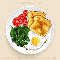 an egg, tomato and spinach breakfast set on a plate with the words fried egg with 2 bread slices and spinach