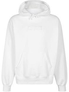 white cotton embroidered logo to the front classic hood long sleeves front pouch pocket When buying this unisex item, keep in mind that it is graded in standard men's sizing. Supreme Box Logo, Box Logo, White Hoodie, Active Wear For Women, Pocket Pouch, White Cotton, Active Wear, Knitwear, Pouch