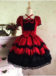 Sweet Short Sleeves Red And Black Lace Cotton Lolita Dress Lace Costume, Princess Halloween Costume, Red Costume, Op Dress, Classic Lolita, Ciel Phantomhive, Gothic Wedding, Sweet Lolita, Patchwork Dress