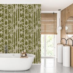 a white bath tub sitting next to a wall with bamboo blinds on it's side