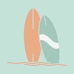 two surfboards sitting next to each other in the water on a light blue background