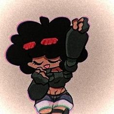 a drawing of a girl with black hair and red eyes holding her hand up in the air