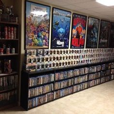 there are many movies on the shelves in this store that is full of dvd's