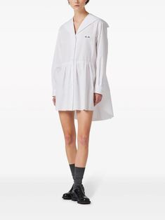 Miu Miu logo-embroidered Cotton Shirt Dress - Farfetch Miumiu Dress, Miu Miu Shirt, Shirt Dress Mini, Shirt Dress White, Miu Miu Dress, Sailor Collar, Cotton Shirt Dress, White Shirt Dress, Mini Shirt Dress