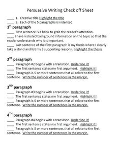 the persuusive writing check off sheet is shown in black and white text