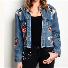 B3. Asos - Signature 8 - Maggie Embroidered Denim Trucker Jean Jacket Embroidery And Patchwork Bohemian Details. Frayed & Crop Distressed Hem Line. Size Small On Display. Measurements Are Approximate. Small: Pit To Pit 19” Length 19” Medium: Pit To Pit 20” Length 19” Large: Pit To Pit 22” Length 20” Urban Trendy Blogger Style Boho Bohemian Wanderlust Chic Gypsy Hippie Warm Cozy Fall Winter Unique Embroidered Retro Vintage Embroidered Blue Denim Jacket For Spring, Blue Embroidered Denim Jacket For Spring, Casual Denim Jacket With Multicolor Embroidery And Pockets, Casual Embroidered Denim Vest For Spring, Winter Embroidered Dark Wash Denim Jacket, Embroidered Dark Wash Denim Jacket For Fall, Fall Embroidered Dark Wash Denim Jacket, Casual Embroidered Denim Outerwear, Casual Denim Vest With Floral Embroidery For Spring