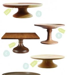 four different types of cake stands with numbers on each one side and below the table