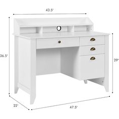 a white desk with two drawers and one drawer on the top, measurements for each drawer