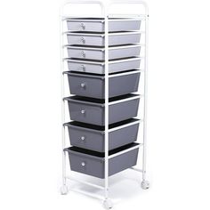 a white cart with five grey bins on it