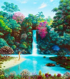 a painting of a woman standing in front of a waterfall with trees and flowers around it