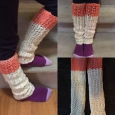 three pictures of legs with crocheted socks and leg warmers, one in white and the other in orange