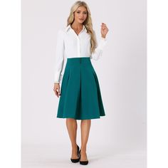 In the classic and basic design, a solid casual work skirt is versatile with any top and shoes. Flowy and breathable material, easily shows your body curve and elongates your legs. The pleated design and midi length give you a lovely and playful look. Suit for summer/autumn/spring and many occasions, such as Work, Office, Casual, Coffee Shop, Daily, Date, Business, Formal, Weekend, etc. Classic Skirt With Button Closure For Work, Classic Workwear Skirt With Button Closure, Green Pleated Skirt Lined For Workwear, Green Pleated Workwear Skirt With Lining, Flared Work Skirt With Button Closure, Flared Workwear Skirt With Button Closure, Workwear Flared Skirt With Button Closure, Elegant Green Pleated Skirt For Workwear, Solid Color Pleated Skirt For Work