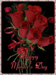 happy mother's day greeting card with red roses and ribbons on a black background