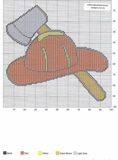 a cross stitch pattern with an orange hat and hammer on it's head, next to a graph