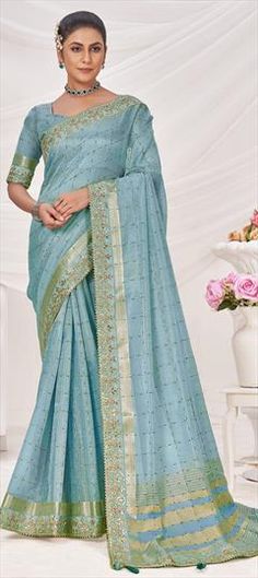 Blue color Saree in Banarasi Silk fabric with Border, Embroidered, Sequence, Zari work Blue Dola Silk Traditional Wear For Wedding, Blue Dola Silk Traditional Wear For Reception, Light Blue Embroidered Saree For Diwali, Blue Embroidered Fabric With Self Design For Festive Occasions, Festive Blue Embroidered Fabric With Self Design, Blue Chanderi Embroidered Fabric For Reception, Blue Resham Embroidered Saree For Wedding, Light Blue Traditional Wear With Zari Work For Reception, Blue Chanderi Blouse Piece For Wedding