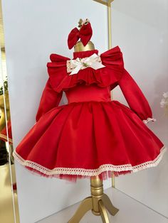 Red Victorian Baby Girl Satin Dress with Lace, Christmas Holiday Dress, Baby Puffy Dress, Baby Party Dress, Baby Dress for Special Occasion This red puffy dress is specially designed and handmade for your baby girl. Your girl will be like a princess with these dresses that she can wear on special occasions such as birthdays, weddings and christmas. This dress, which will create your girl's style with a clasp, is ideal for special occasions. Check out our baby girl dresses selection for unique ha Red Princess Dress With Bow For Dress-up, Christmas Holiday Tutu Dress With Ruffles, Holiday Tutu Dress With Ruffles, Princess Tutu Dress With Ruffles For Holiday, Princess Style Tutu Dress With Ruffles For Holiday, Princess Style Ruffled Tutu Dress For Holiday, Princess Holiday Dress With Ruffles, Princess Style Holiday Dress With Ruffles, Cute Holiday Princess Dress With Ruffles