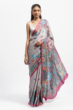 Moon grey saree featuring geometric mosaic print, embellished with crystal detailing. Comes with a running blouse piece. - Aza Fashions Satya Paul, Geometric Mosaic, Grey Saree, Gray Silk, Printed Sarees, Blouse Piece, Aza Fashion, Silk Satin, Blouses For Women