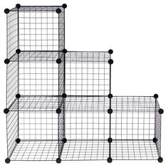 four black wire baskets stacked on top of each other with balls in the middle and bottom