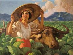 a painting of a woman with a straw hat on her head and a cow in the background