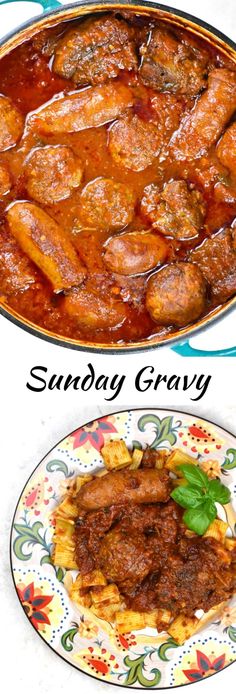 two different types of food on plates with the words sunday gravy