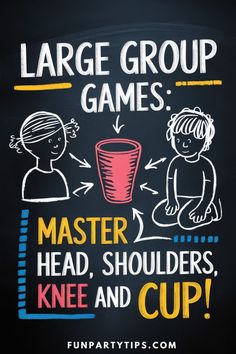 a chalkboard sign that says large group games master, head, shoulders, knee and cup