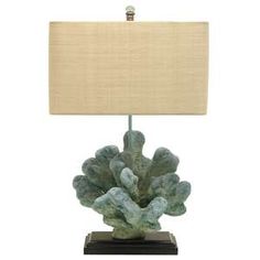 a green table lamp with a beige shade on the top and bottom of it's base