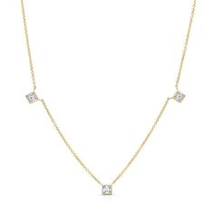 Alexandra Jules’ 'Square diamond by the Yard' necklace is a modern version of a timeless classic. Three of the finest princess-cut diamond, weighing approximately .75 carats, are suspended from a 16"gold chain. This piece looks fabulous with any outfit and can be worn day to evening. Layer it with your favorites or let it make a statement alone. Available in 18kt yellow, white and pink gold Diamond By The Yard, Square Diamond, Yellow Gold Chain, Diamond Solitaire Rings, Princess Cut Diamonds, Diamond Solitaire, Princess Cut, Solitaire Ring, Timeless Classic