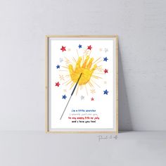 a card with an image of a yellow umbrella and some red, white and blue stars