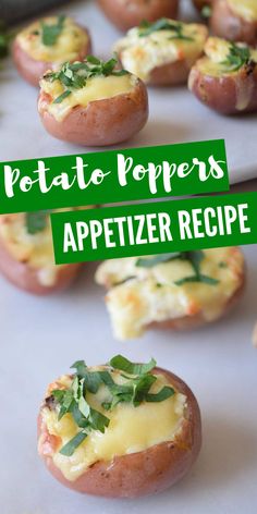 baked potatoes topped with cheese and herbs on a baking sheet for appetizer recipe