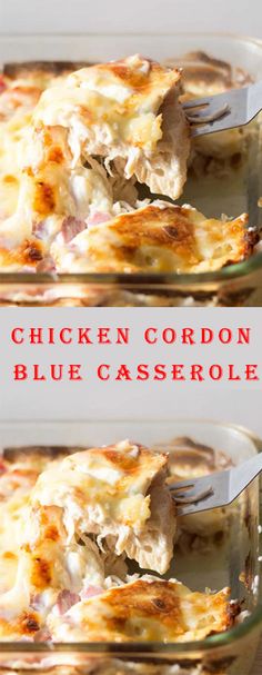 chicken cordon blue casserole in a glass dish with a knife and fork