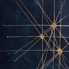 an abstract painting with lines and dots on a blue background that appears to be made out of string