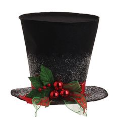 a black top hat with red and green decorations