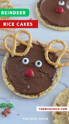 reindeer rice cakes with chocolate frosting and pretzel antlers on the top