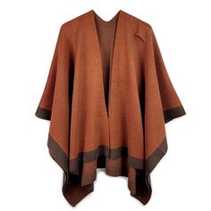 Women's Bronze Ruana Shawl Shoulder Strap Wrap Poncho Featuring Dark Brown Border Detail. Can be worn as closed ruana poncho or as shawl wrap. One Size. 27.9" x 43.3". Lightweight Soft Knit Sweater Material. 100% Polyester. Brown Border, Elegant Shawl, Shoulder Wrap, Shawl Wrap, Sweater Material, Bronze Color, Soft Knits, Timeless Pieces, Knit Sweater