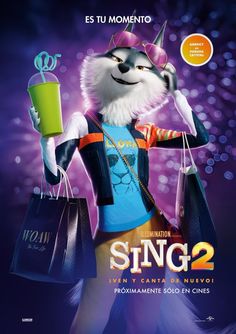 the movie poster for sing 2, featuring a wolf holding shopping bags and wearing sunglasses