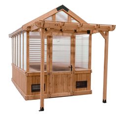 a wooden gazebo with glass doors and windows on the sides, in front of a white background